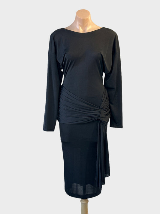 Designer Masquerade backless dress in black jersey with draped sash for evening or formal wear.