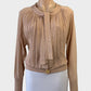 Designer Max Mara cardigan in blush with pleated panels, button front, neck tie and long sleeves for smart casual or office wear.