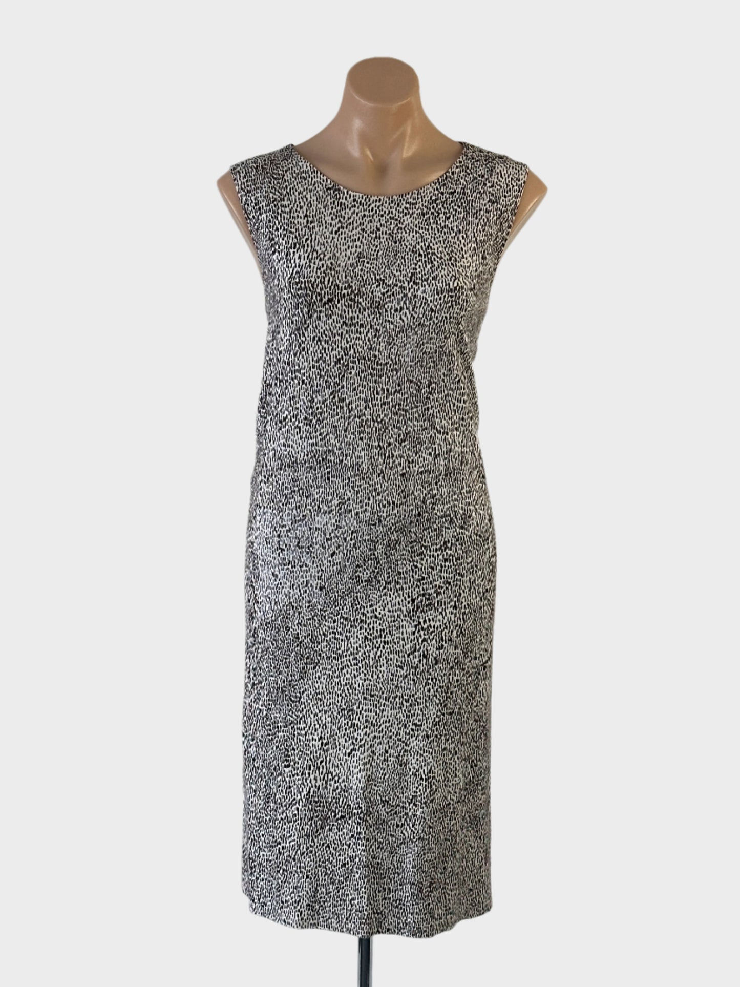 Designer Max Mara shift dress in brown jersey with speckled print, bateau neck and straight skirt for office or smart casual wear.