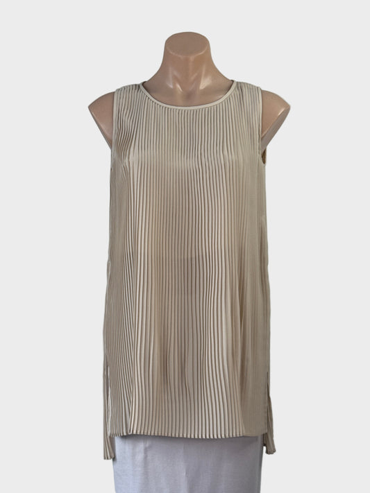Designer Max Mara sleeveless beige tunic top in sheer pleated crepe with round bound neck and high low hem for office or special events.