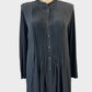Designer Mela Purdie black long line shirt in pure silk with contrasting jersey back and pin tuck front panel for office wear