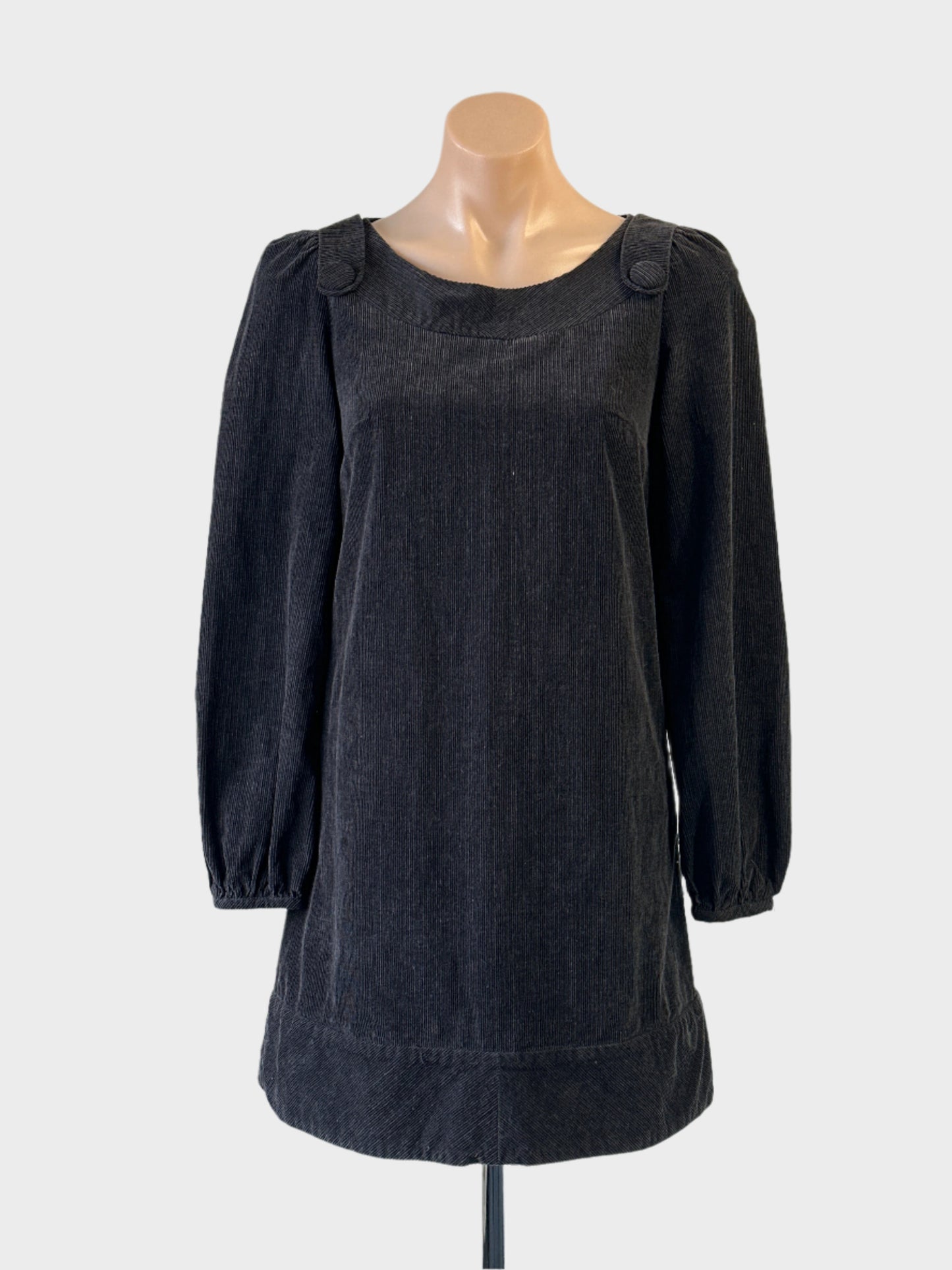 Melinda & Narina dark corduroy shift dress in pure cotton with epaulettes and wide hem band for office wear.