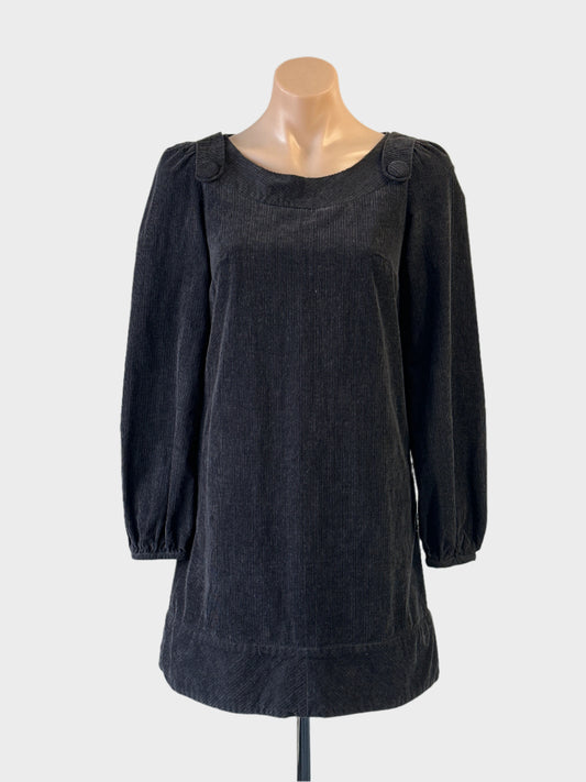 Melinda & Narina dark corduroy shift dress in pure cotton with epaulettes and wide hem band for office wear.