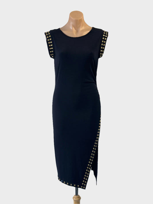 Designer Michael Kors tube dress in black with stud trim and side split for evening wear.