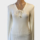 Designer Michael Kors white rib knit sweater with lace up v-neck and long sleeves for office or smart casual wear.
