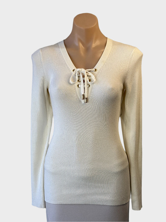 Designer Michael Kors white rib knit sweater with lace up v-neck and long sleeves for office or smart casual wear.