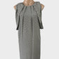 Designer MIMOSA black and white shift dress with chevron stripe print, cowl armholes, and straight skirt for office wear.