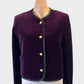 Mims vintage 80s single breasted jacket in plum velvet with black trim and regimental buttons, ideal for formal or evening wear.