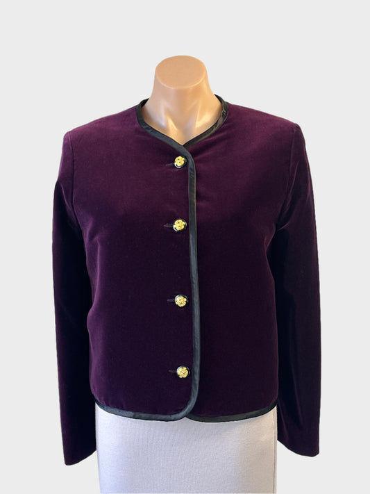 Mims vintage 80s single breasted jacket in plum velvet with black trim and regimental buttons, ideal for formal or evening wear.