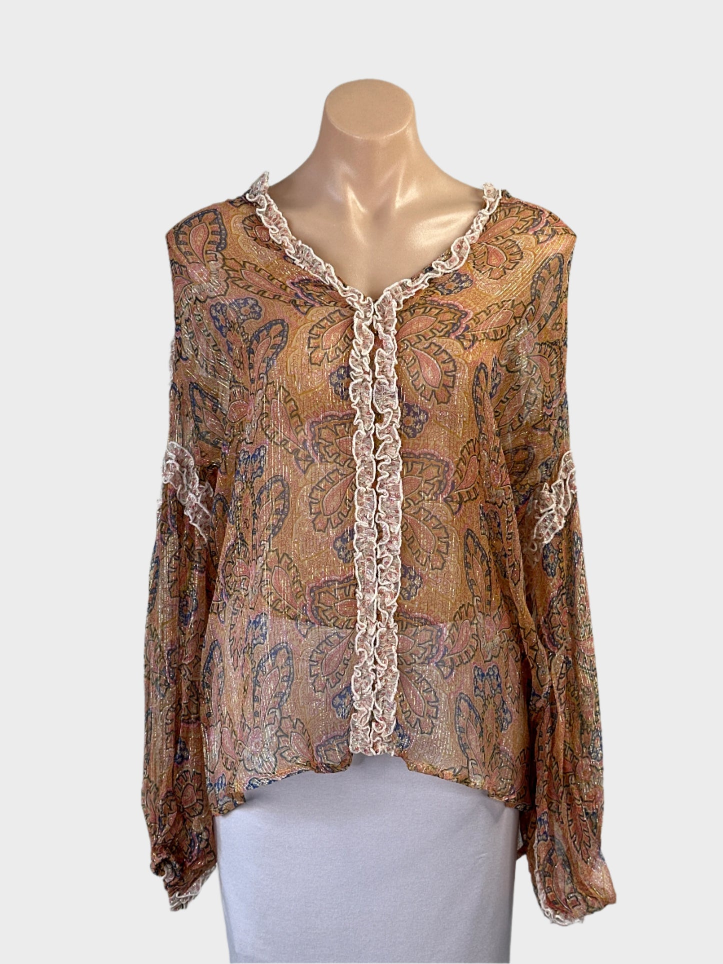 Miss June boho style tunic top in ochre chiffon with frill trim, metallic accents and long sleeves for resort or smart casual wear.