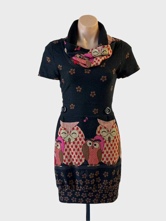 Miss Style London sheath dress in black and brown owl print with bubble skirt and cowl neck for smart casual or office wear.