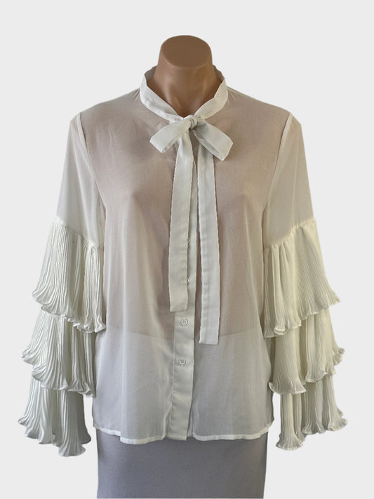 MISSLOOK shirt in white sheer weave with pussy bow collar, button up front and ruffle sleeves for special events or formal wear.