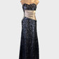 MISTIKO sleeveless gown in navy blue and pink sheer net with sequins for formal wear.