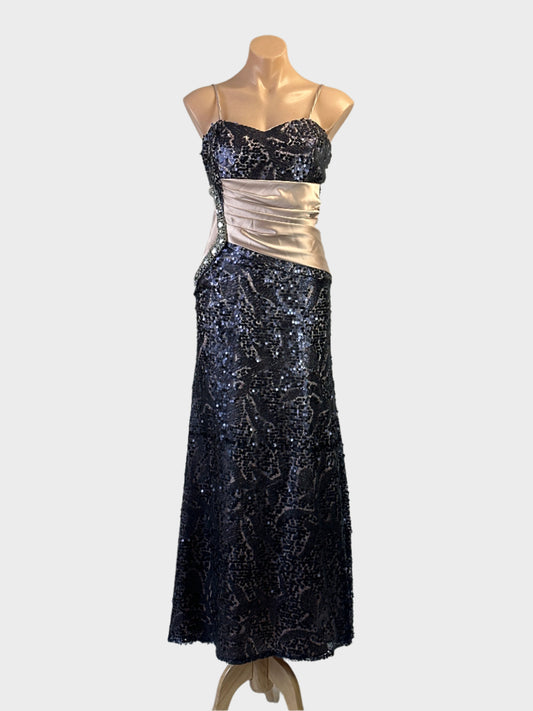 MISTIKO sleeveless gown in navy blue and pink sheer net with sequins for formal wear.