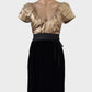 Designer Monsoon London black velvet and gold satin bubble dress with pleated v-neck and contrast sash for formal or evening