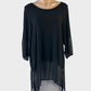 Morgan Marks tunic top in black jersey with sheer silk cuffs, scoop neck and high low hem for office or evening wear.