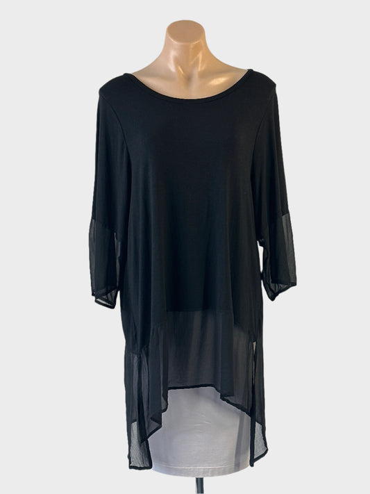 Morgan Marks tunic top in black jersey with sheer silk cuffs, scoop neck and high low hem for office or evening wear.