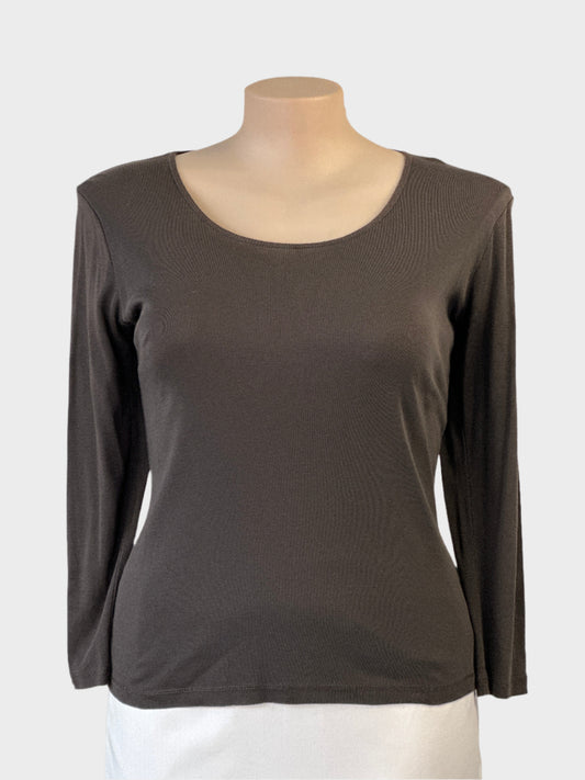 Munich Freedom long sleeve T-shirt top in espresso stretch jersey with scoop neck for smart casual or office wear