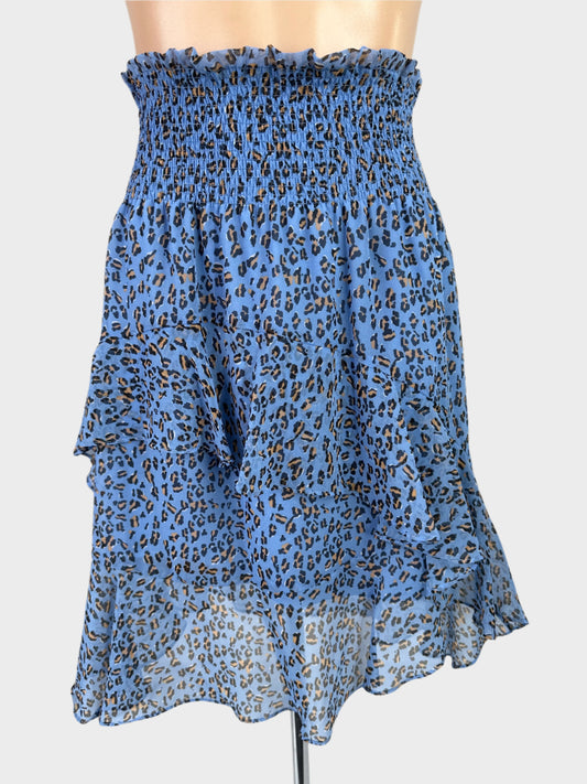 Designer MUNTHE blue and tan asymmetric layered skirt in sheer crepe with bright leopard print, flounce trim and shirred waistband for smart casual wear.