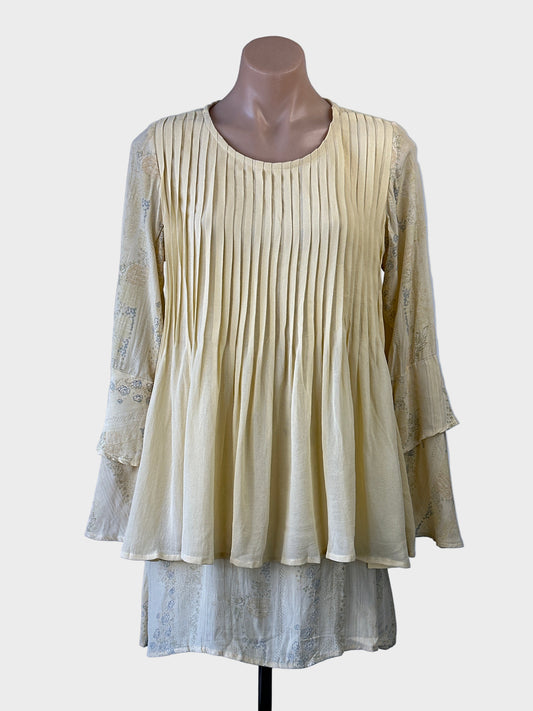Designer My Pet Square long sleeve smock top with ghosted antique-style floral print and pleated overlay for smart casual or office wear.