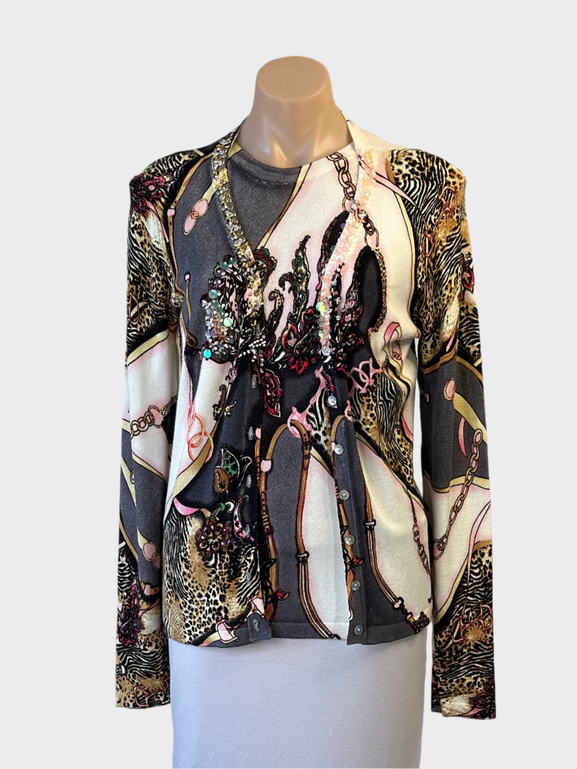 Nababila cardigan in cream and charcoal with long sleeves and beading and sequins trim for smart casual or office wear