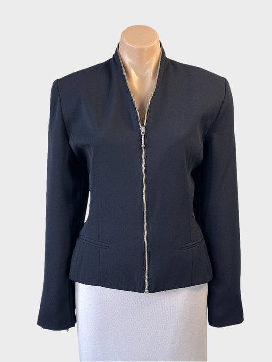 Network zip front cardigan jacket in navy blue crepe with zip trim and jetted pockets for office or smart casual wear.