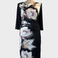 New Cover sheath dress in black with blush and white floral print, bateau neck and draped front for business or evening wear.