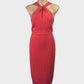 Next coral sheath dress with twisted halter neck, front keyhole, open v-back and pencil skirt with back vent for special events