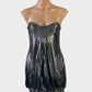 Designer Nicola Finetti strapless bubble dress in silver metallic jersey with draped front, sweetheart neck and elasticated banded hem for evening or formal wear.