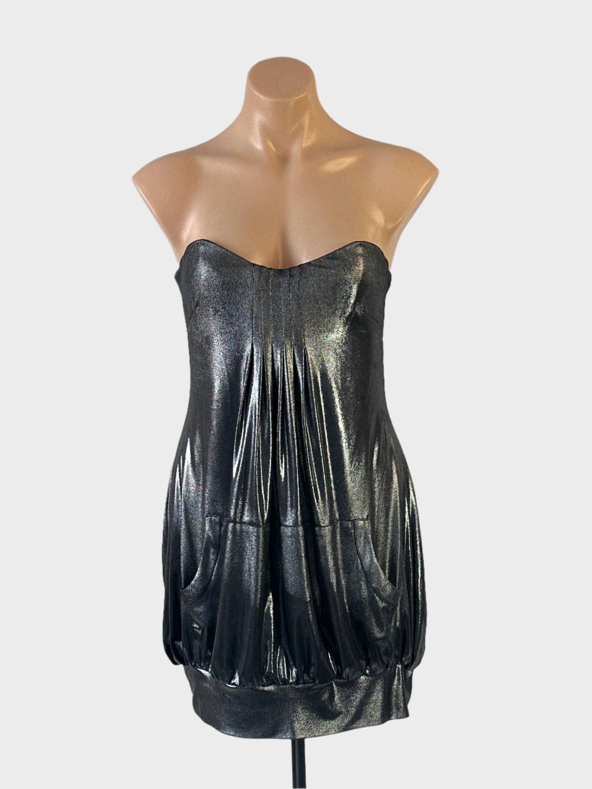 Designer Nicola Finetti strapless bubble dress in silver metallic jersey with draped front, sweetheart neck and elasticated banded hem for evening or formal wear.