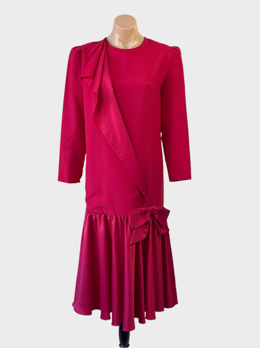 Vintage 80’s Ninette red dress with ruffle front, puff sleeve, drop waist and bow detail for special events