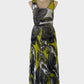 No Label A-line maxi dress in green and black with bright botanical print, u-shaped neck and accordion pleated skirt for smart casual or resort wear.