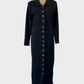 Long line black cardigan in rib knit with yoke front, timber-look buttons and standard collar for office or smart casual wear