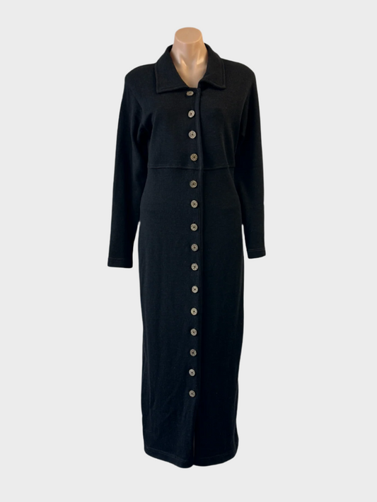 Long line black cardigan in rib knit with yoke front, timber-look buttons and standard collar for office or smart casual wear