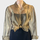 No label sheer gold tie front jacket with long sleeves and notched collar, ideal for evening or formal wear.