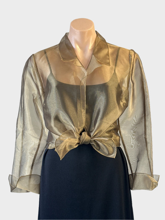 No label sheer gold tie front jacket with long sleeves and notched collar, ideal for evening or formal wear.