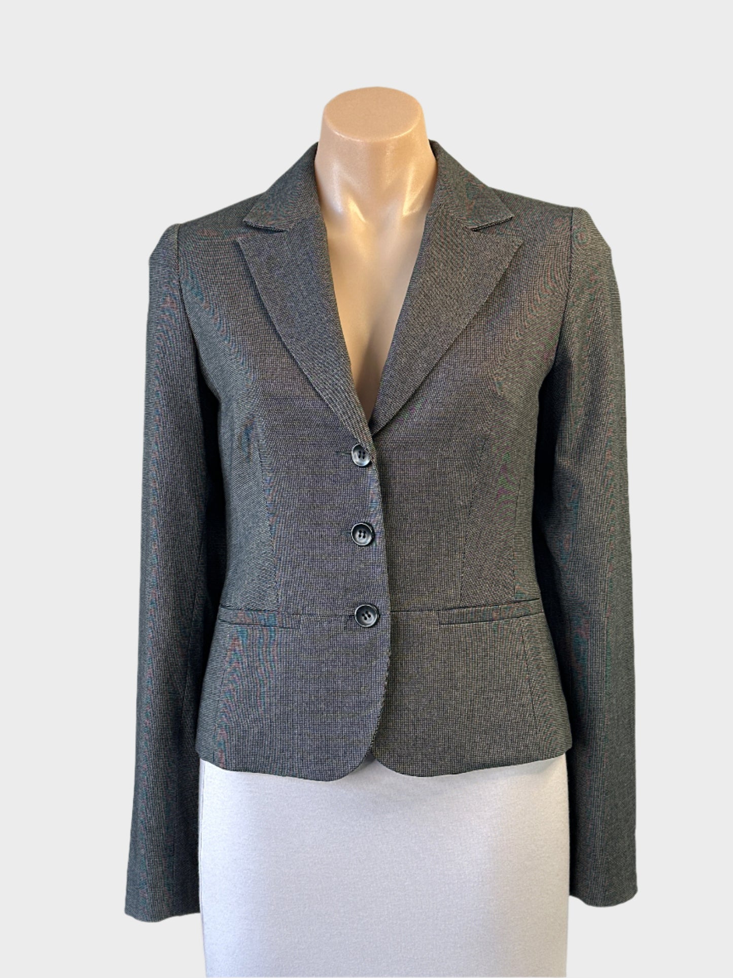 OJAY charcoal tailored jacket with notched collar, welt pockets and button cuffs for office wear.
