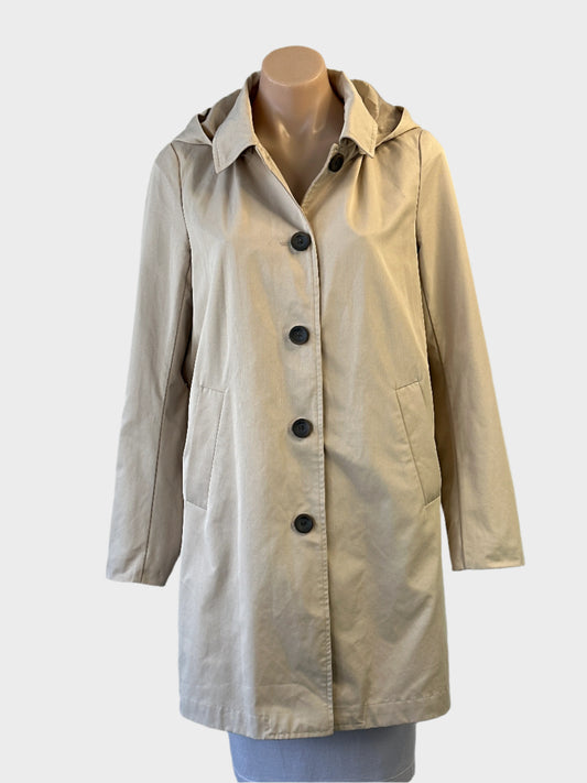 Designer ONLY sand rain coat with brushed twill finish, contrast plaid lining, and detachable hood for office or smart casual wear