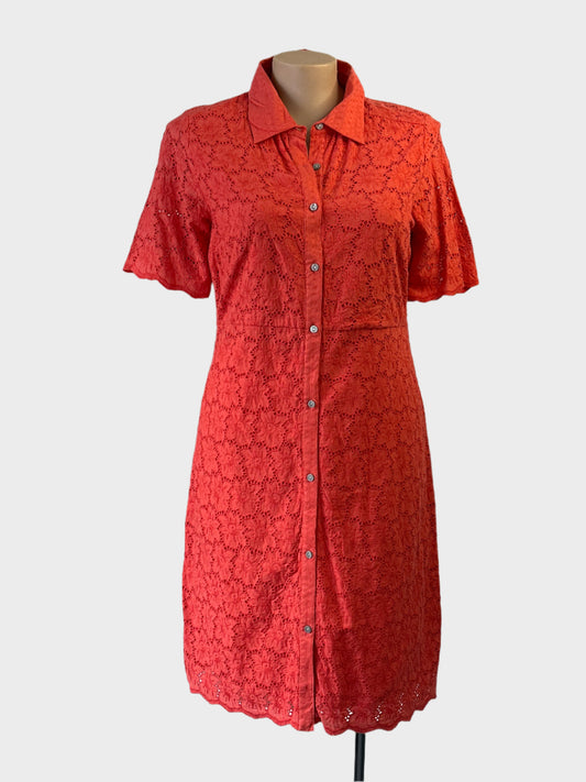 ORIENTIQUE shirt dress in orange cotton broderie anglaise with scalloped edging, button up front, contrasting collar, short sleeves and straight skirt for smart casual or office wear.