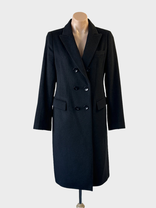 Oxford double breasted reefer coat in black with wing lapels and flap pockets for office wear.