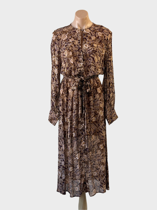 Oxford shirt dress in brown floral print with sash tie waist and flared skirt for office or smart casual wear.