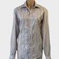 Oxford shirt in mauve and tan stripe, pure cotton with standard collar, button up front and long sleeves for office wear.