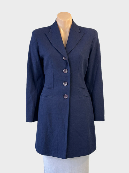 Designer Paola Calo navy blue single breasted wool jacket with notched lapels and welt pockets for office wear.