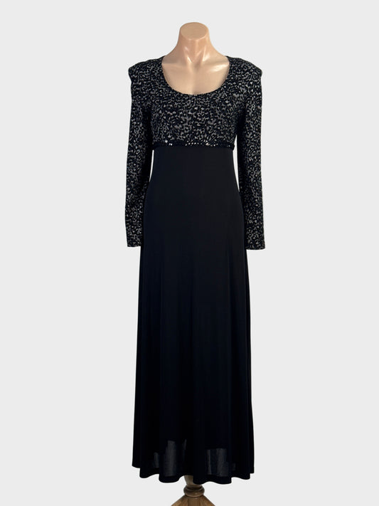 Designer Paolina black and silver maxi gown with velvet leopard-effect bodice, sequin trim and flared skirt for formal or evening wear