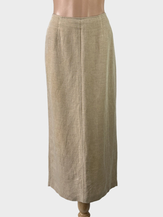 Perri Cutten beige classic straight skirt in herringbone weave with contour waist and back vent for office wear.