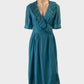 Designer Perri Cutten wrap dress in blue with frilled collar and waist sash for smart casual or special events wear.