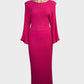 Designer Perri Cutten fuchsia sweater dress in rib knit with bateau neck, fluted sleeves and ribbed column skirt for special events wear