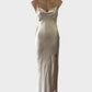 Designer Petal & Pup slip dress in cream satin finish with cowl neck, spaghetti straps and goddess skirt for formal wear.