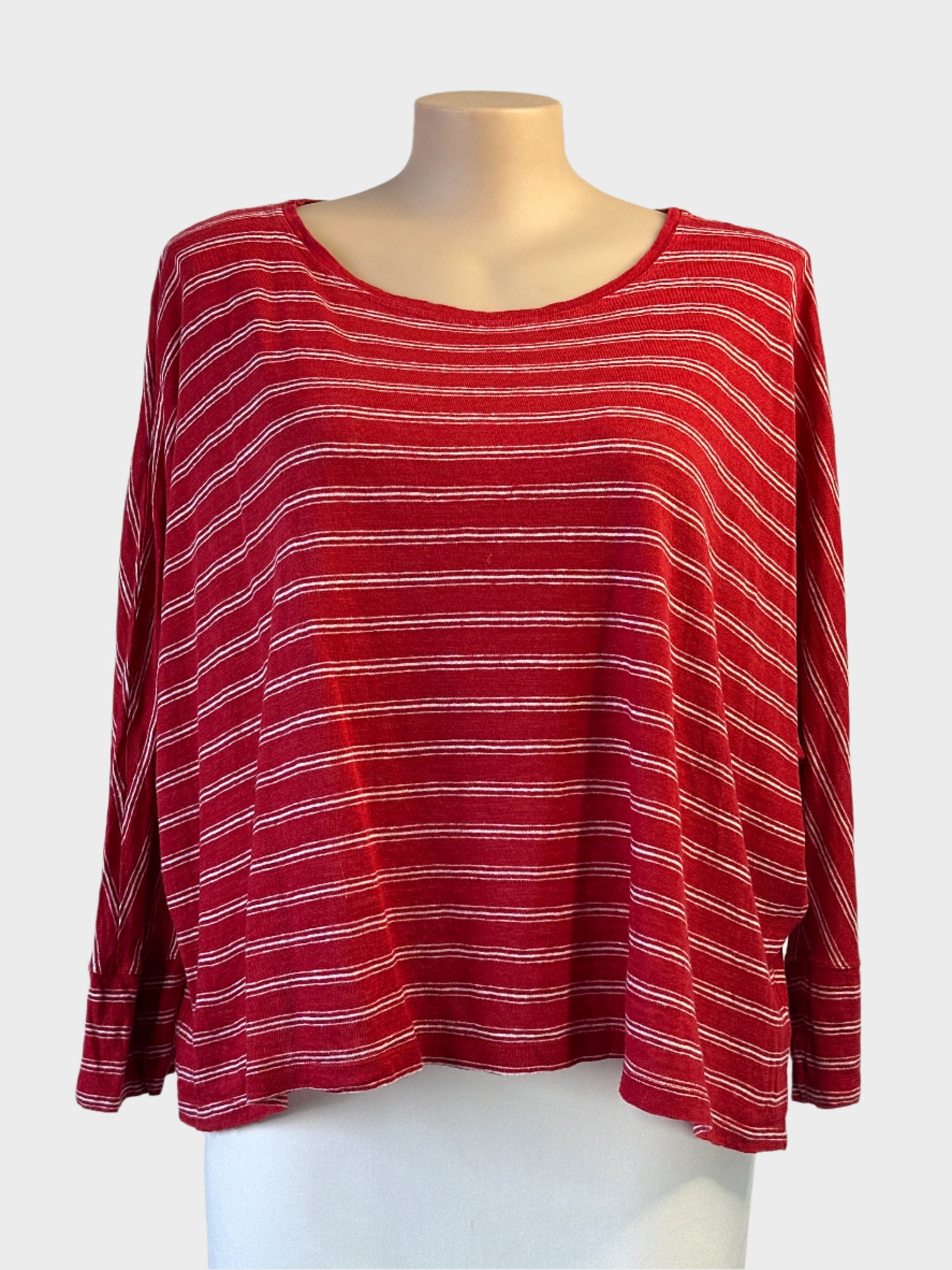 Piper oversized top in red and white striped jersey with bateau neck and dolman sleeves for smart casual or sporty luxe wear.