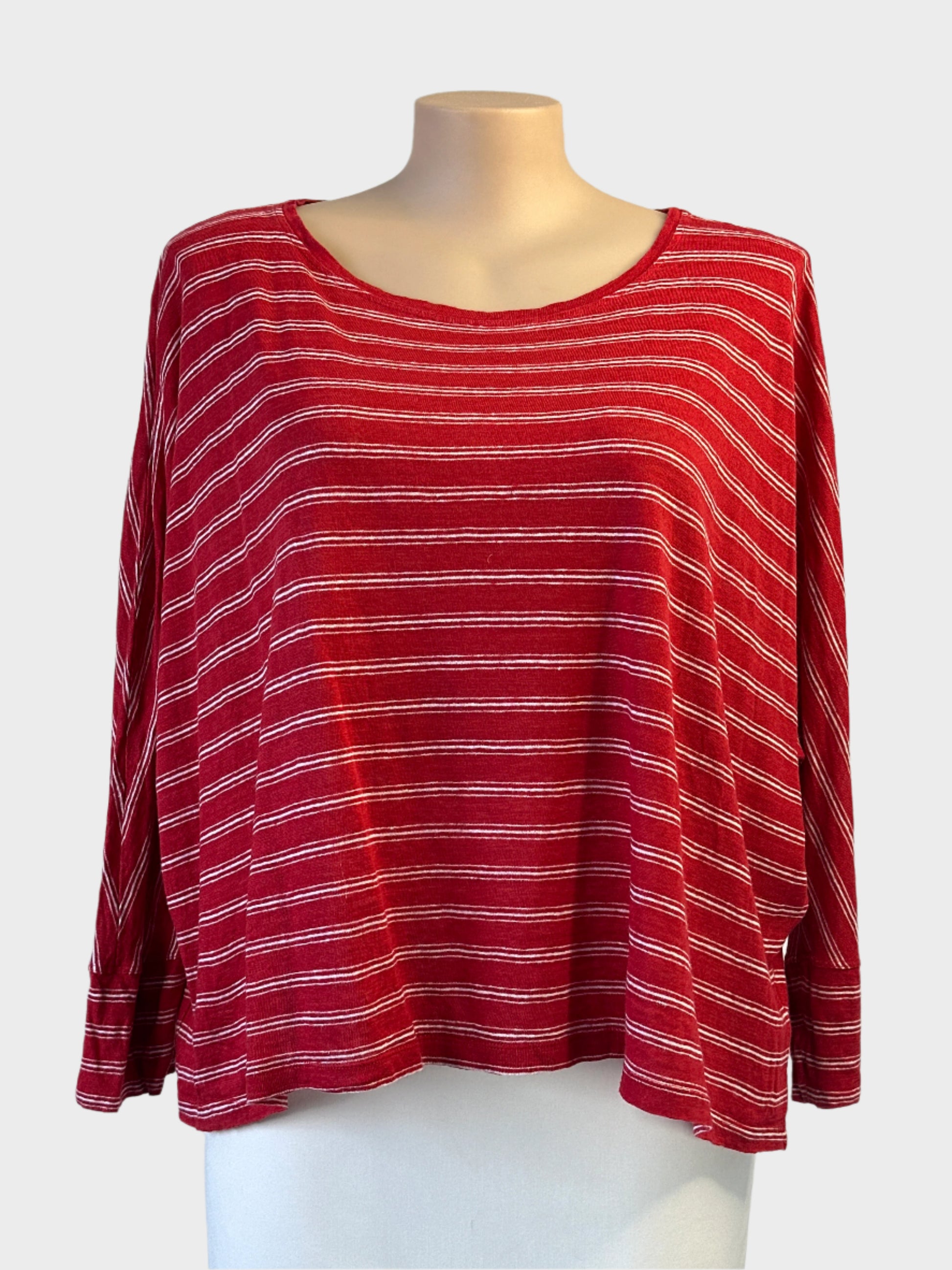 Piper oversized top in red and white striped jersey with bateau neck and dolman sleeves for smart casual or sporty luxe wear.